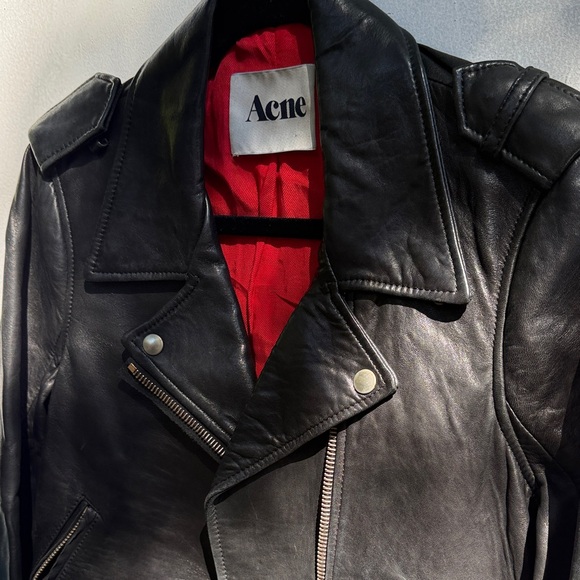 Acne Black Leather Jacket with Red Lining - Picture 2 of 5